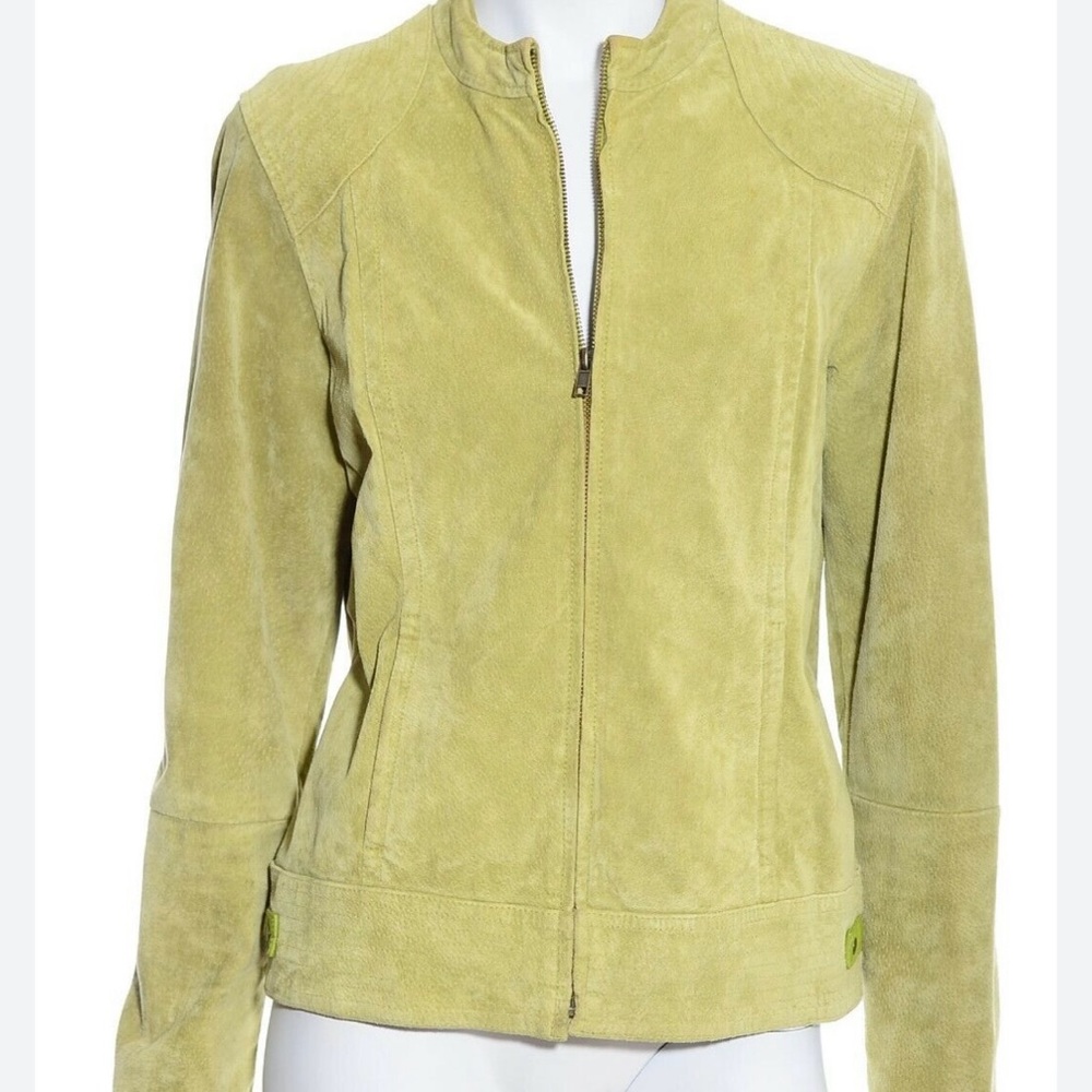 Nordstrom Ruff Hewn Lime Green Suede Leather Moto Jacket L Biker Lined - Picture 2 of 9